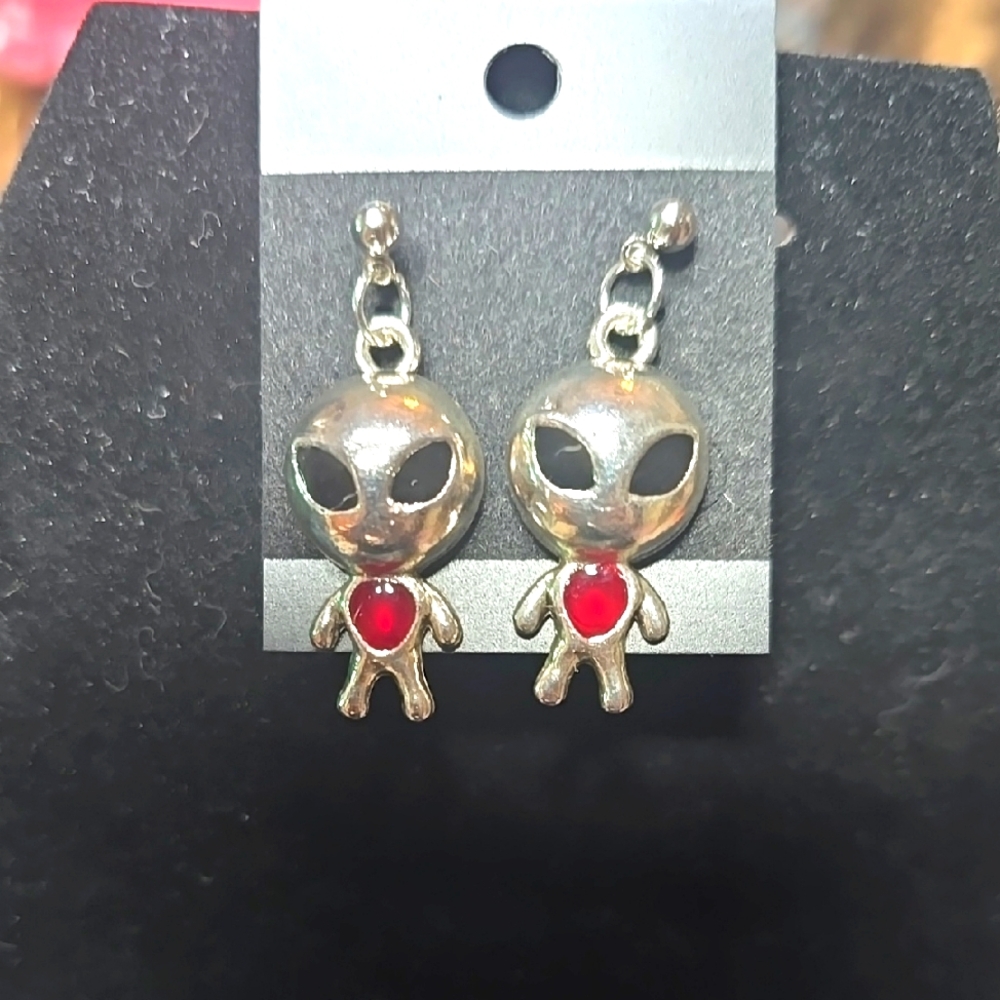 Alien Dangle Earrings with Red Accents